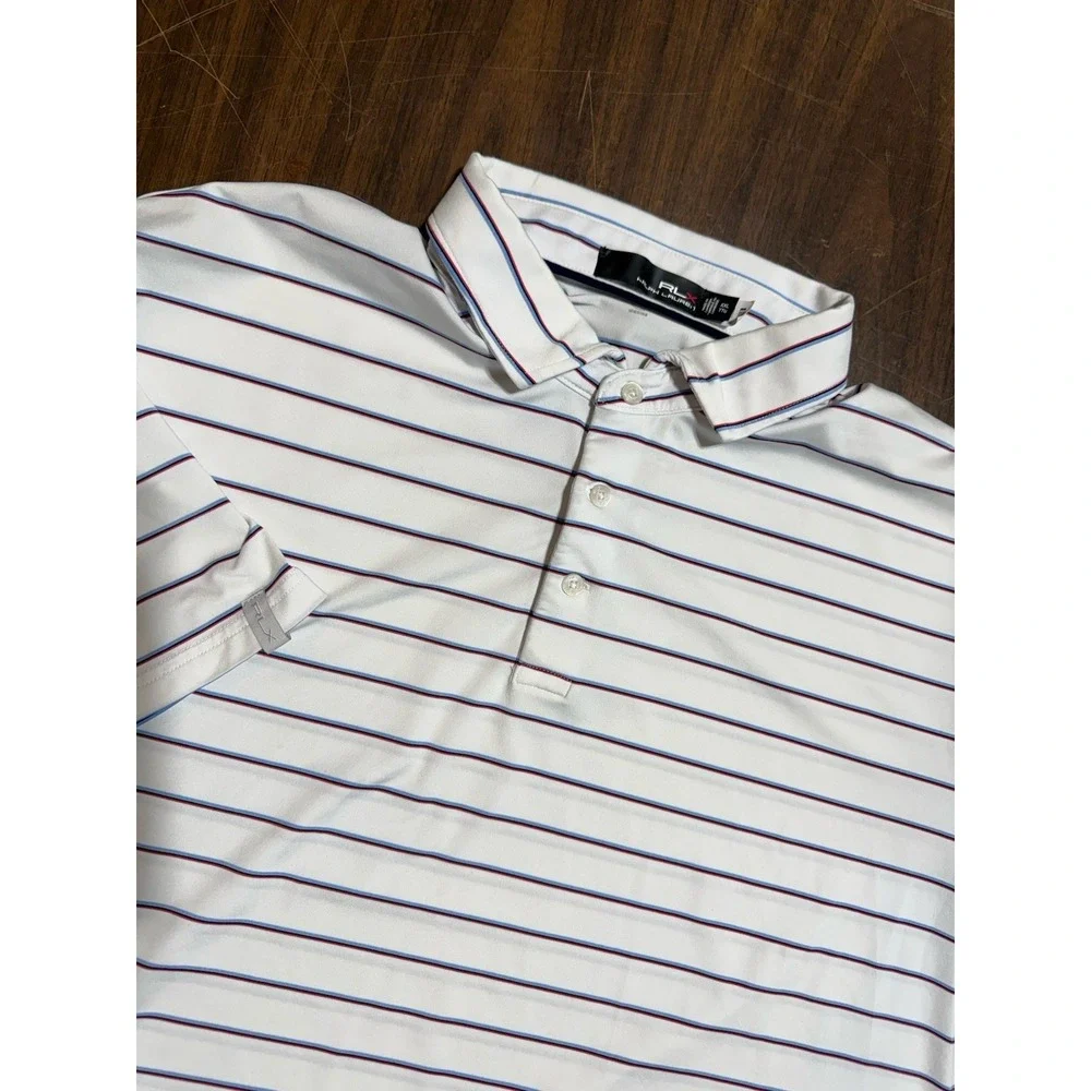 RLX Ralph Lauren Polo Golf Shirt Men 2XL White Striped Performance Stretch